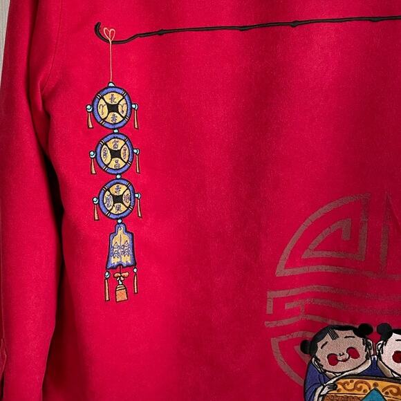 Chico’s Red Button Up Top Sz M Embroidered Asian Inspired Long Sleees Whimsical - Picture 7 of 12